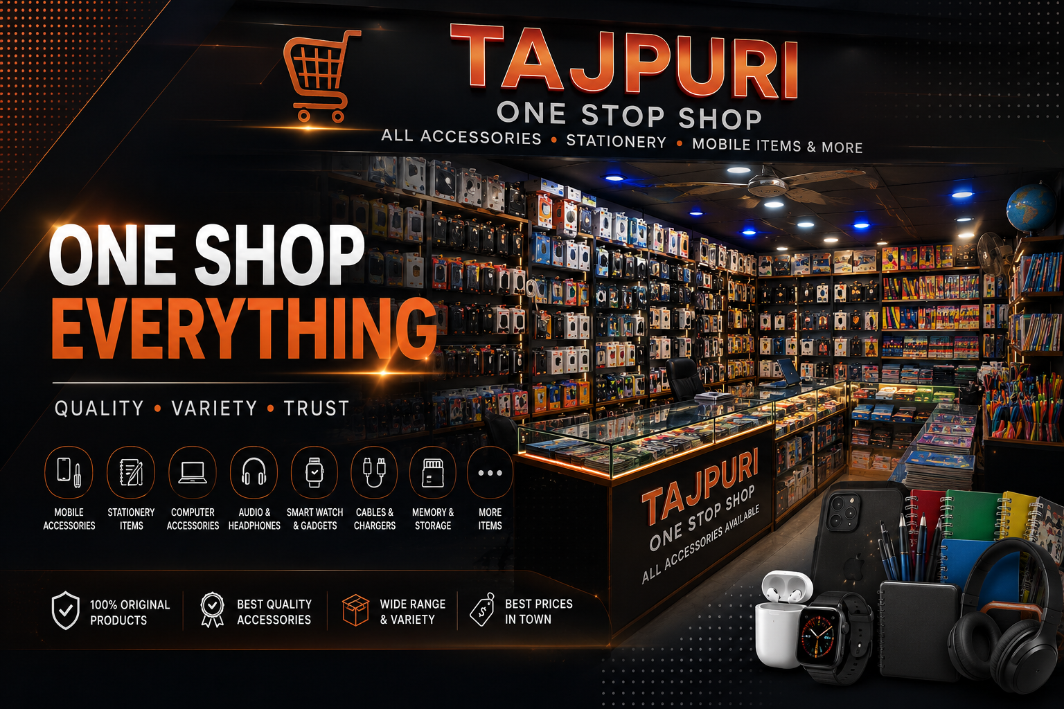 Inside the Tajpuri OneStop Shop showroom — shelves of mobile accessories, stationery and gadgets
